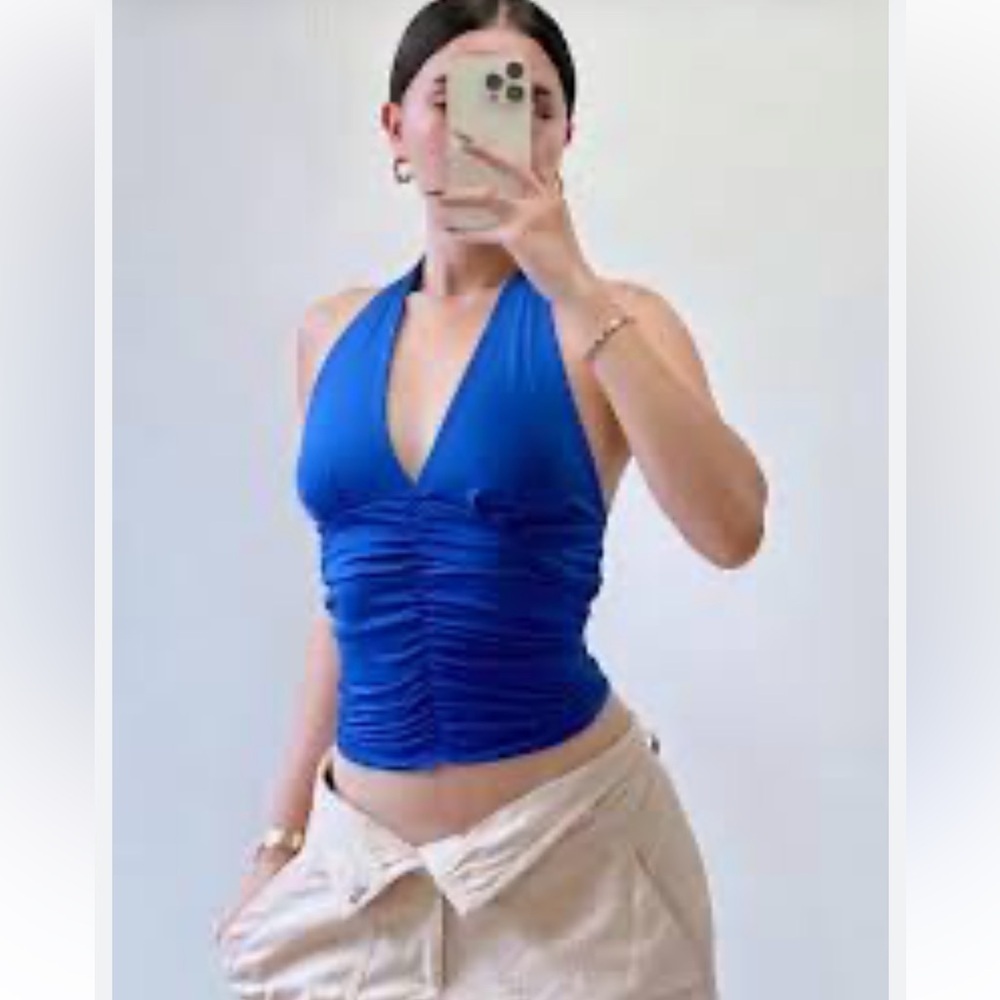 Elegant Blue Ruched Halter Top
